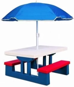 Merkloos Kinder Picknicktafel Met Parasol - Blauw -Buiten Kamperen 1030x1200 1