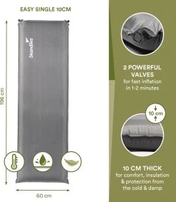 Skandika Easy Single Zelfopblaasbaar Slaapmat – Slaapmat – Slaapmat Zelfopblazend – Logeerbed – Polyester, PVC - Premium Zelfopblazend Luchtbed, Antislip-materiaal, Ideaal Voor Camping – Outdoor, Camping – Kamperen – 196 X 60 X 10 Cm – 3.2kg - Grijs -Buiten Kamperen 1049x1200 4