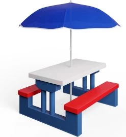 Merkloos Kinder Picknicktafel Met Parasol - Blauw -Buiten Kamperen 1097x1200