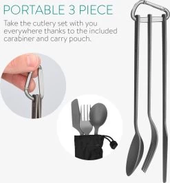 Navaris Campingbestek Van Titanium - Set Met Vork, Mes En Lepel - Bestekset Voor Onderweg En Op Reis - Inclusief Karabijnhaak En Bewaarzakje -Buiten Kamperen 1113x1200 4