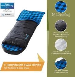 Skandika Dundee Flannel-L Slaapzak – Mummmieslaapzakken – Slaapzakken Volwassen - Maat M – Unisex - Katoen, Luxe Kwaliteit, Dubbele Slaapzak, 3 Seizoenen, Tot -20°C - 220 X 80 Cm - Outdoor Kampeerslaapzak – Ritssluiting Links - Zwart/blauw -Buiten Kamperen 1168x1200 3