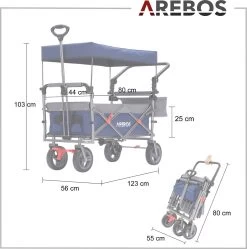 AREBOS Premium Steekwagen Met Dak Opvouwbare Tuinkar Handkar Bolderkar Blauw / Grijs -Buiten Kamperen 1188x1200 10