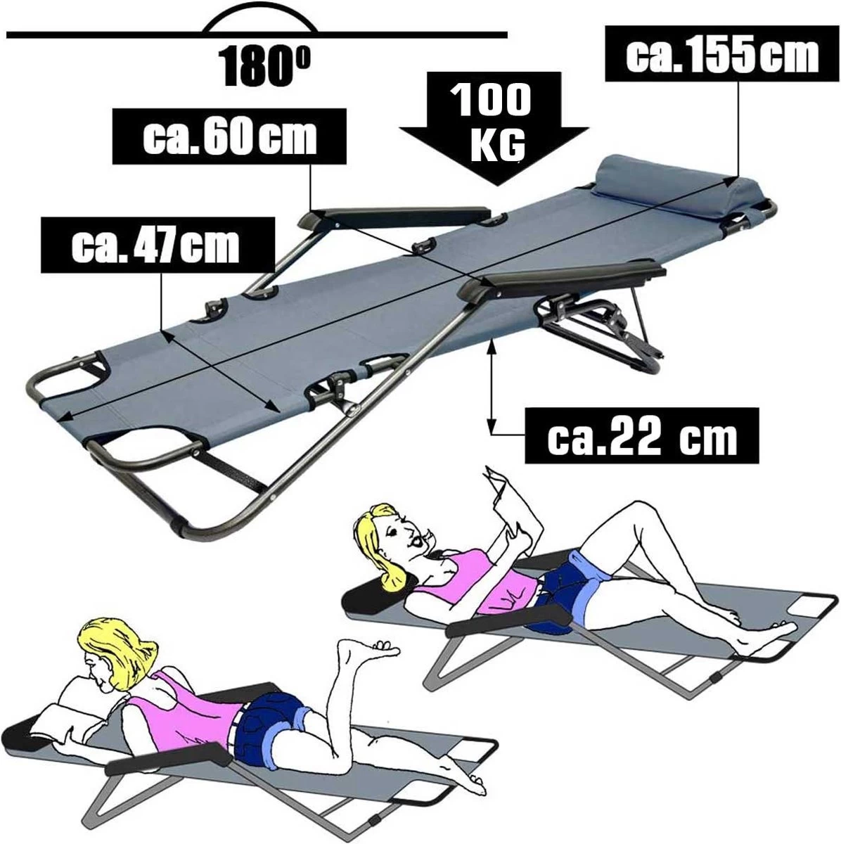 Ligstoel Opvouwbaar 155x60cm - Lichte Ligbed Relaxstoel Tuinstoel Campingstoel Strandstoel 16 Ligstoel Opvouwbaar 155x60cm - Lichte Ligbed Relaxstoel Tuinstoel Campingstoel Strandstoel - Afbeelding 14