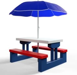 Merkloos Kinder Picknicktafel Met Parasol - Blauw -Buiten Kamperen 1200x1167
