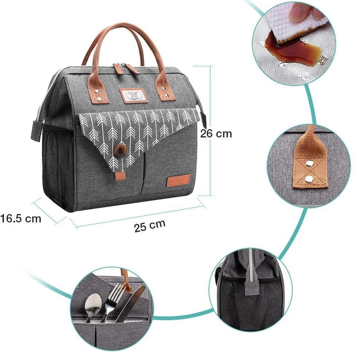 HN® Lunchtas Grijs Pijlen, Geïsoleerde Koeltas, Lekvrij, Extra Grote Opening Voor De Lunch Box, 25×16,5×26cm Design Heren En Dames 4 HN® Lunchtas Grijs Pijlen, Geïsoleerde Koeltas, Lekvrij, Extra Grote Opening Voor De Lunch Box, 25×16,5×26cm Design Heren En Dames - Afbeelding 2