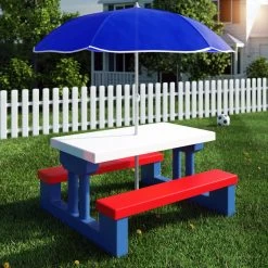Merkloos Kinder Picknicktafel Met Parasol - Blauw -Buiten Kamperen 1200x1200 180