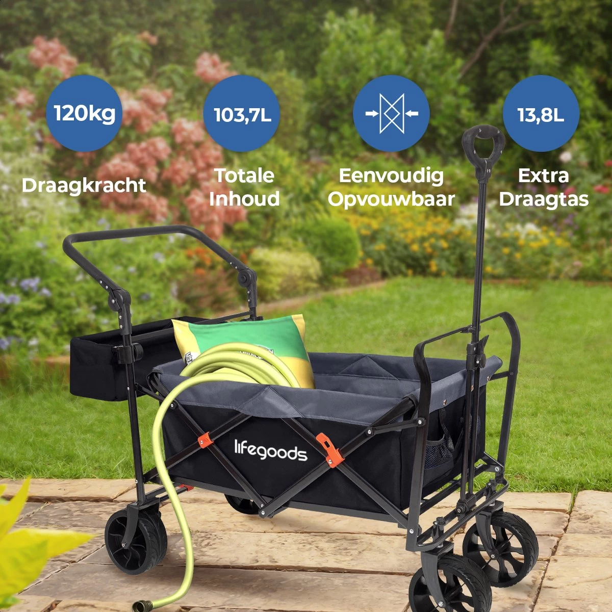 LifeGoods Bolderkar - Opvouwbaar - Tot 120KG - 103L - Extra Draagtas En Duwstang - Wasbaar Polyester - 98x45cm - Zwart/Grijs 4 LifeGoods Bolderkar - Opvouwbaar - Tot 120KG - 103L - Extra Draagtas En Duwstang - Wasbaar Polyester - 98x45cm - Zwart/Grijs - Afbeelding 2