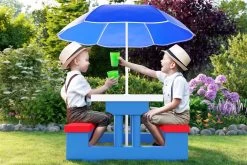 Merkloos Kinder Picknicktafel Met Parasol - Blauw -Buiten Kamperen 1200x800 7